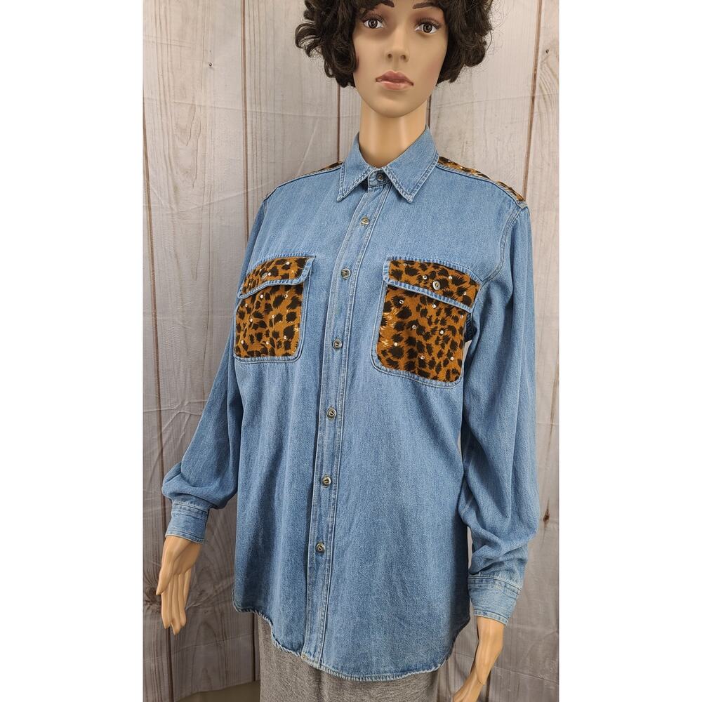 David David Vintage Ultra Suede Leopard Print Denim L. Sleeve Shirt Oversize Sm